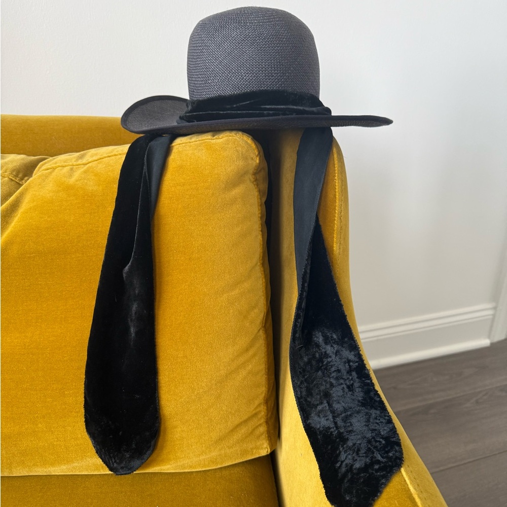 Black and Gray Straw Hat With Velvet Tie